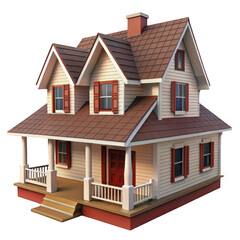 Victorian style dollhouse with red shutters isolated on transparent background