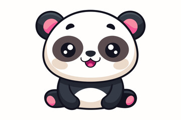 Adorable cartoon illustration of a standing panda with big round eyes, blushing cheeks, and a happy smile, set against a soft pastel background. 