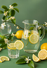 Fototapeta premium Pitcher and Glass of Lemon Water with Lemon Tree Branches on Green Table