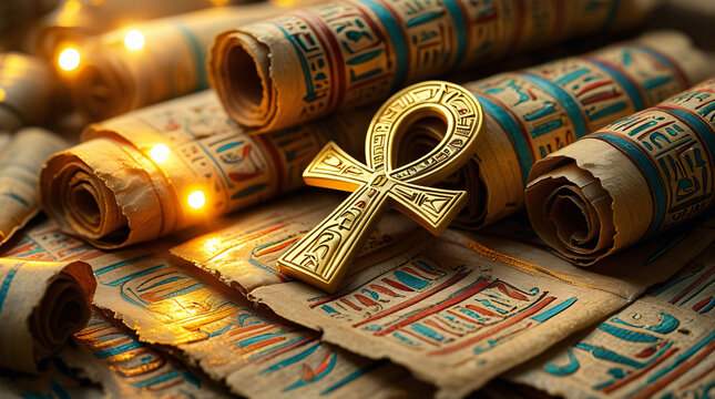 Egyptian Culture: A symbolic ankh amulet resting on ancient-looking papyrus scrolls with hieroglyphics, lit with golden ambient light to evoke a mystical feel.