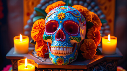 Mexican Culture: A beautifully decorated sugar skull (calavera) used during Día de los Muertos, surrounded by marigolds and candles, with bold colors and high contrast lighting.