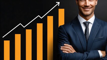 Financial Visionary: A confident businessman in a sharp suit is flanked by a dynamic graph, illustrating upward growth and success, set against a dramatic dark backdrop, symbolizing business acumen.