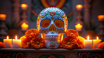 Mexican Culture: A beautifully decorated sugar skull (calavera) used during Día de los Muertos, surrounded by marigolds and candles, with bold colors and high contrast lighting.