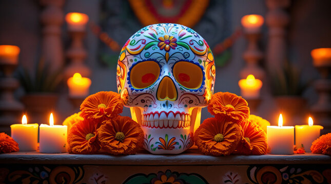 Mexican Culture: A beautifully decorated sugar skull (calavera) used during Día de los Muertos, surrounded by marigolds and candles, with bold colors and high contrast lighting.