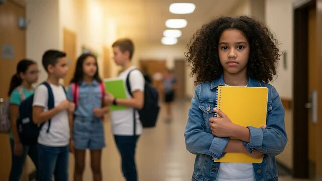Sad lonely African American girl feeling excluded in a school hallway. Portrait of an isolated elementary student suffering from bullying and social anxiety.