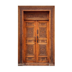 Ornate wooden door with carvings isolated on transparent background