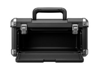 Plastic tool box with a fold-down front panel for easy loading and unloading in a busy workshop.