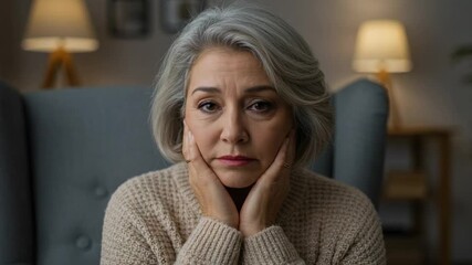 Upset elderly woman with gray hair feeling sad and lonely. Portrait of a worried mature female sitting in a chair at home in the evening. - Powered by Adobe