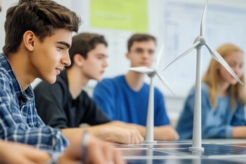 Students engaging in wind energy project with model turbines in classroom setting