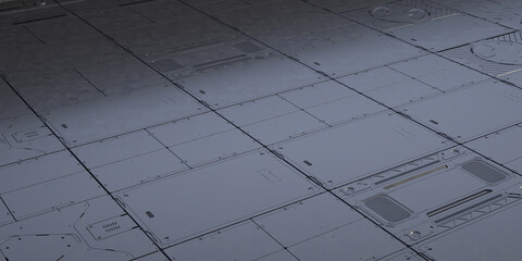 Futuristic metallic panel floor design