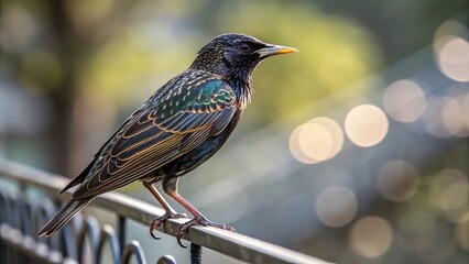 Stunning European starling perched on metal railing with soft bokeh background