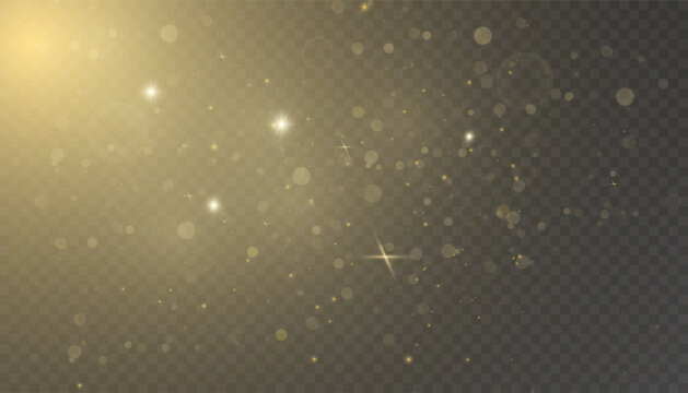 Abstract background with golden bokeh lights, glowing particles, and transparent shimmering effects. A festive and magical light overlay perfect for Christmas, New Year, wedding, or celebration-themed