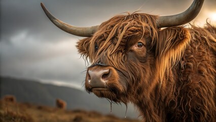 Majestic Highland cow with shaggy fur and powerful horns in a moody landscape