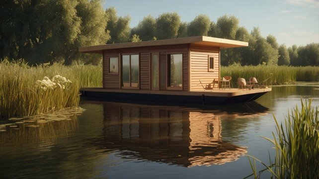 a small modern floating eooden house floting over water with greenery in background