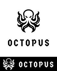 Bold octopus logo design featuring an abstract black silhouette with stylized tentacles and fierce expression in minimalist and flat style 