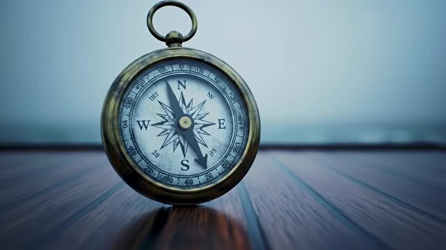 Antique compass rests on a wood surface against a hazy, light blue background