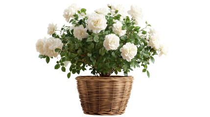 Decorative rose bush in a basket-style woven pot background isolated on a Transparent background, PNG file.