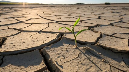 Hope sprouts from cracked earth: a lone plant thrives against drought and adversity.