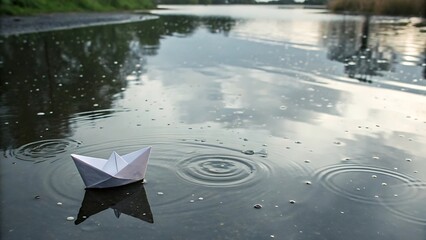 Serene paper boat floats on water creating ripples under soft daylight