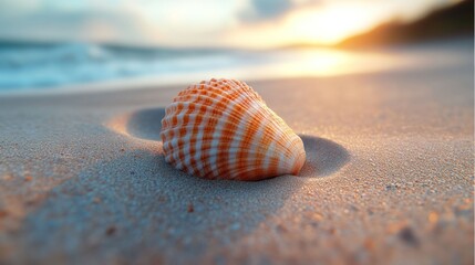 Seashell on beach sand at sunset