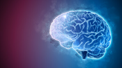 Glowing digital brain illustration against gradient background.