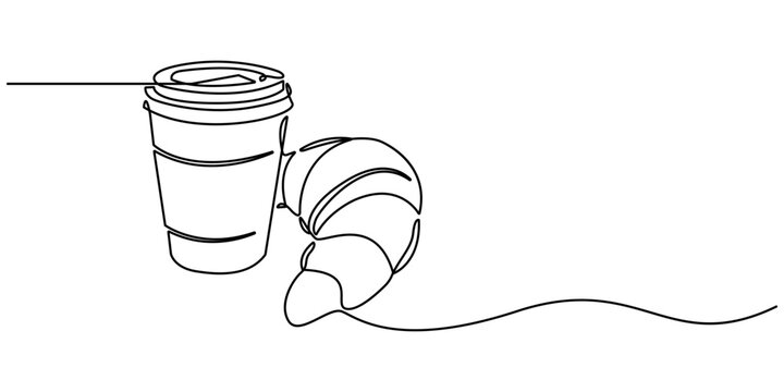 Single one line drawing croissant with paper cup filled with hot sweet tea. Continuous one line design graphic illustration,  Paper Coffee cup with croissant one line drawing.  National Croissant Day