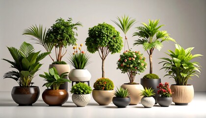 Fototapeta premium Array of potted plants, various types and sizes