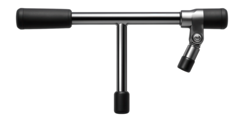 T-handle lug wrench with a pivoting head for accessing hard-to-reach wheel nuts in a garage.