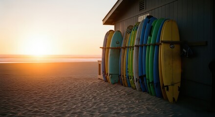 Vibrant Surfboard Collection on a Sandy Shore at Golden Sunset