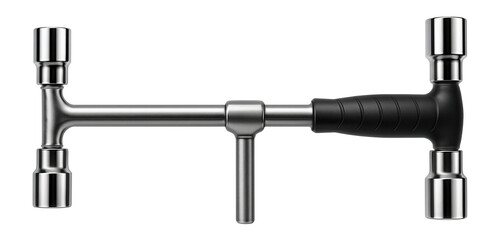Universal lug wrench with interchangeable sockets for varied wheel nut sizes in a mechanic's toolkit.