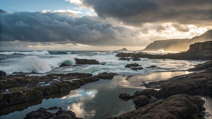 Dramatic waves crash on rocky shore under stormy skies with golden sun rays