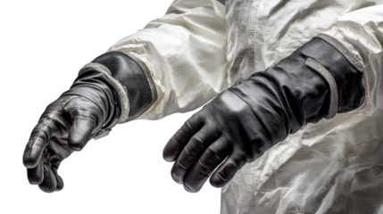 Detail of gloves attached to chemical protective suit background isolated on a Transparent background, PNG file.