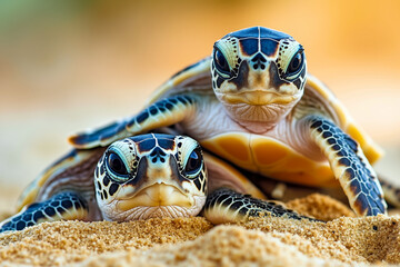 Two baby sea turtles in the sand