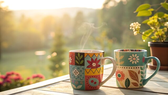 Steaming coffee mugs on rustic table with warm morning light and garden view