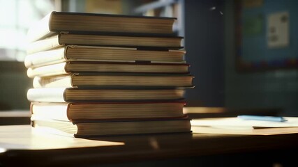 Stack of well-worn books, diverse cover colors, piled high on a light wooden desk