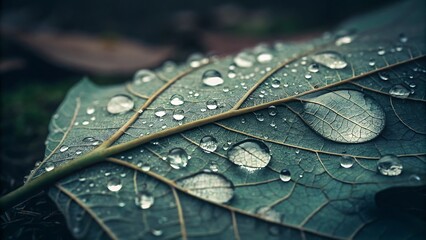Stunning macro view of fresh water droplets glistening on a detailed green leaf