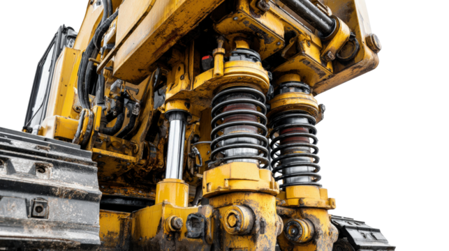 Detail shot of earth mover hydraulic system and piston mechanisms isolated on a Transparent background, PNG file.