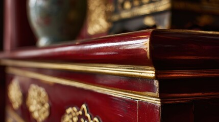 Close-up of ornate, red lacquered cabinet