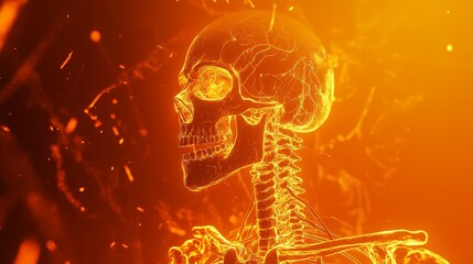 just see the nerves of the skeleton of a real human skeleton with predominant orange and yellow colors in the image, 4k, realistic, cinematic. 