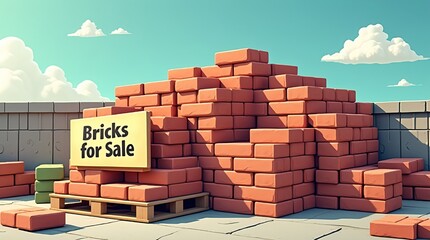 Obraz premium Digital illustration of red bricks stacked on wooden pallet with 'Bricks for Sale' sign, blue sky, white clouds, tiled ground and concrete wall, clean and vibrant construction ad scene