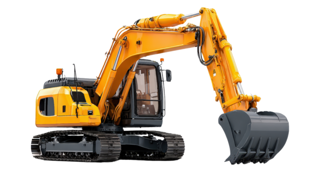 Digger with claw bucket in mid-digging pose background isolated on a Transparent background, PNG file.