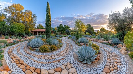Serene stone pathways wind through a desert garden at sunset