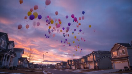 Colorful balloons float over a suburban street at sunset