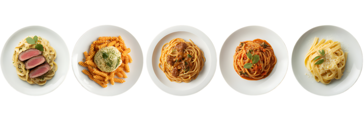 Assortment of Italian Pasta Dishes on White Plates Culinary Delights and Fine Dining Experiences
