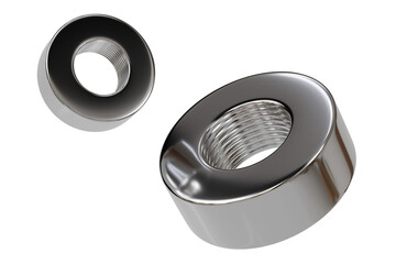 3d silver bolt and nut with detailed threads and hexagonal shapes isolated on a white transparent background. industrial, component screw bolt engineering concept. 3d render.
