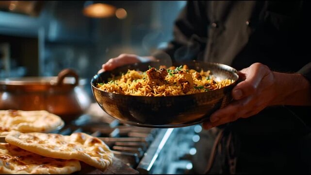 The chef&rsquo;s plating reflect traditional chicken biryani bowl in the kichen with luxury and traditional vibe.