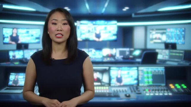TV broadcast studio control room background video with monitors and dynamic lighting. Professional, modern, seamless&mdash;perfect for news presenters or broadcasters.