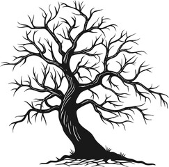 Obraz premium Stylized black silhouette of a bare, leafless tree with visible roots, featuring intricate branches, isolated on a white background, ideal for nature, gothic, or seasonal design projects
