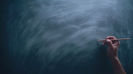 Hand holding pencil on a dark chalkboard