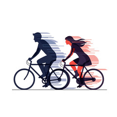 Obraz premium Silhouette illustration of a man and woman riding bicycles with motion lines indicating speed and movement, against a white background.